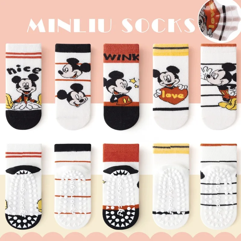 

5Pairs Cute Cartoon Mickey Mouse Kids Non-Slip Socks Baby Boys Girls Floor Socks Thin Mesh Breathable for Toddler Children Gifts