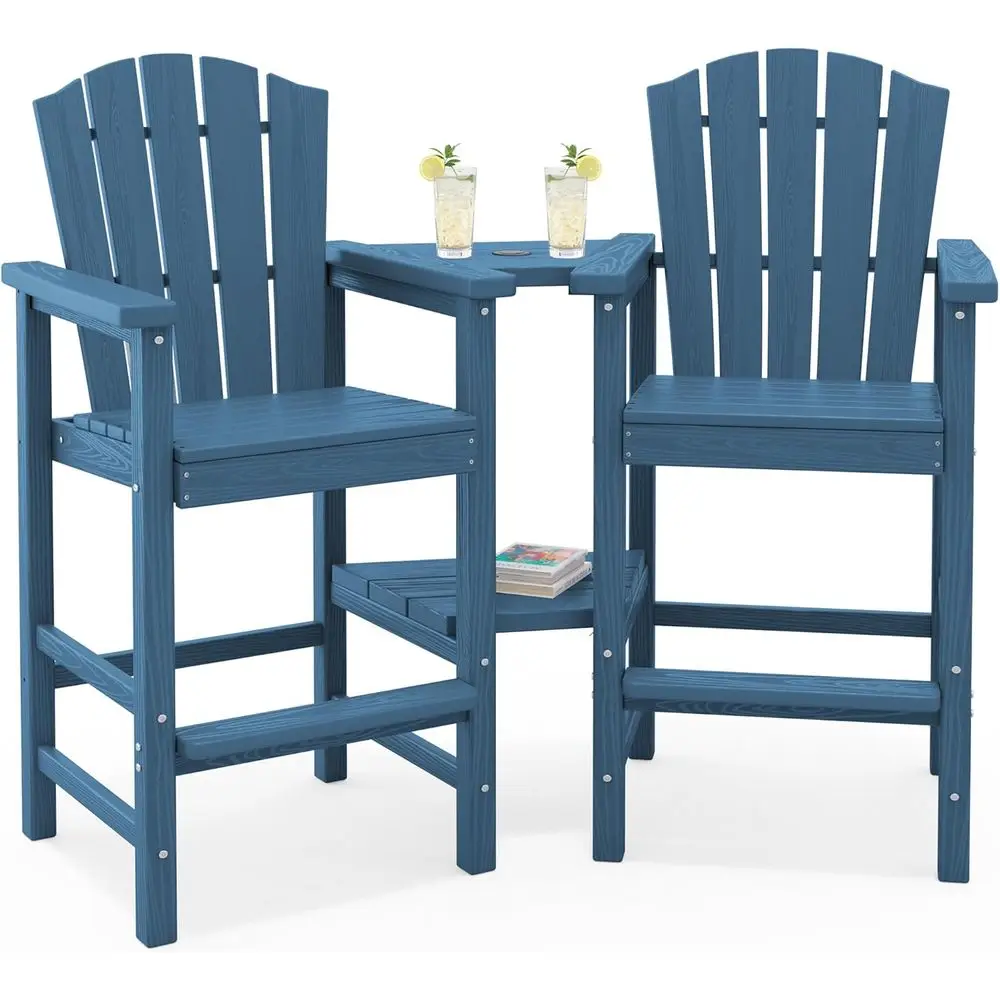 

Eco-Friendly Blue Tall Adirondack Chair Set with 2 Bar Stools and Serving Tray