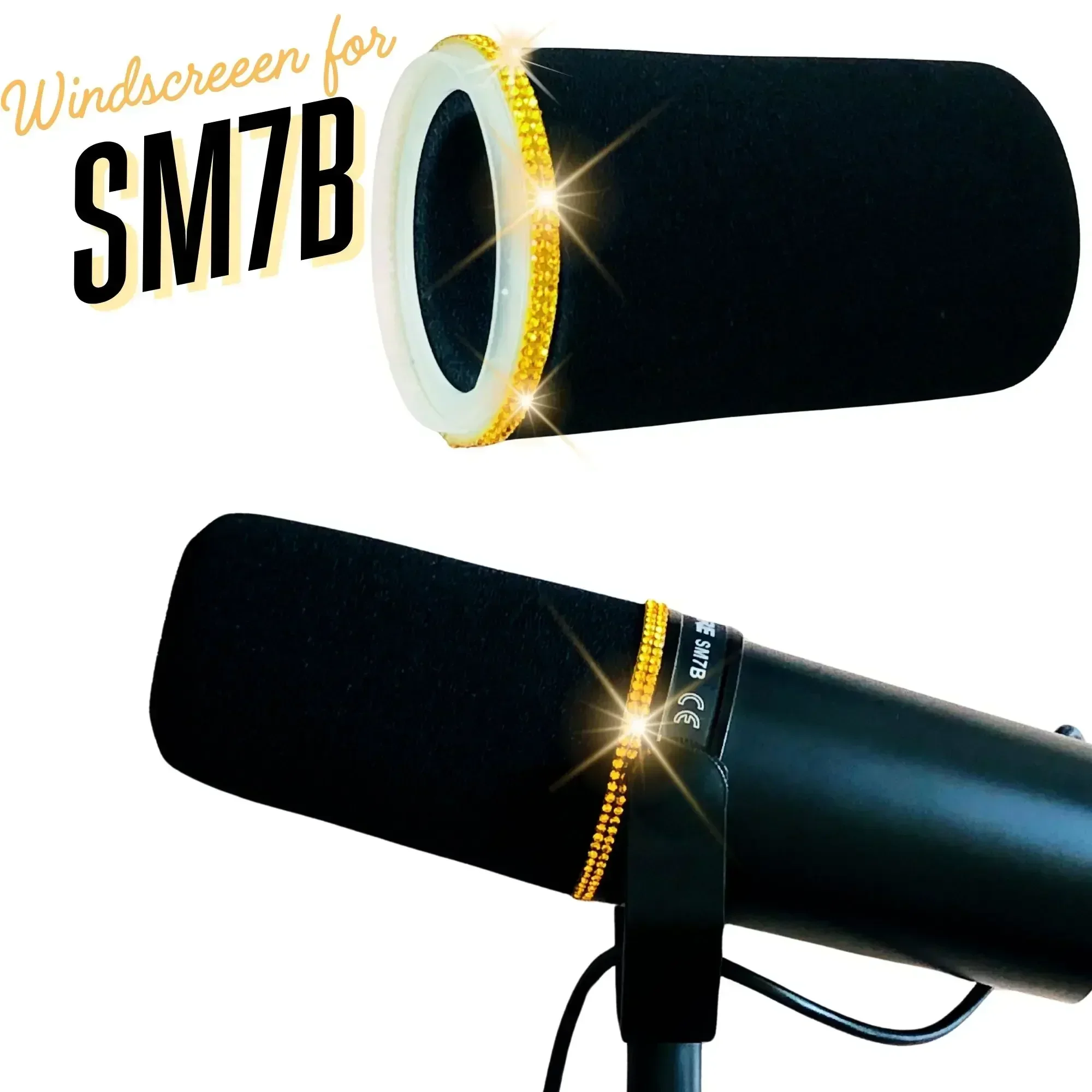 Custom Pop Filter Foam for Shure SM7B/SM7dB Replacement Windscreen, High Density with Bling Rhinestone Ring,Gold, Pink,Red,Blue