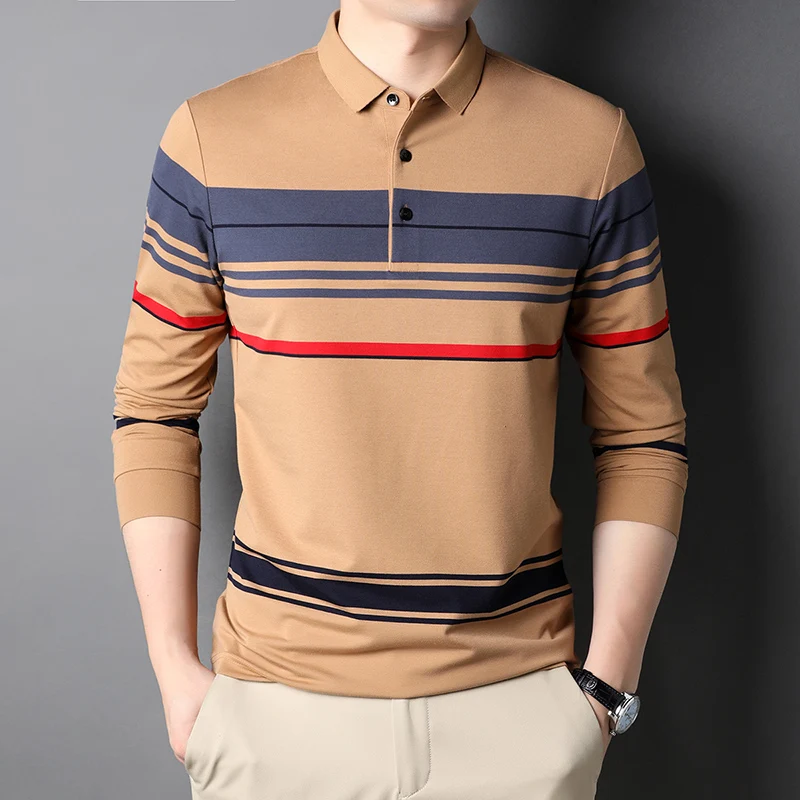 Brand Long Sleeve Wide Stripe Mens Polo Shirts Spring and Autumn Business Casual Male Tops High Quality Men Clothing Designer