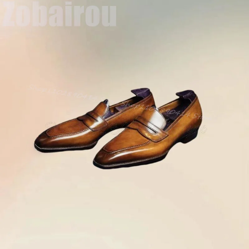 Brown Sewing Design Square Toe Leather Loafers Fashion Slip On Men Shoes Luxurious Handmade Party Banquet Office Men Dress Shoes