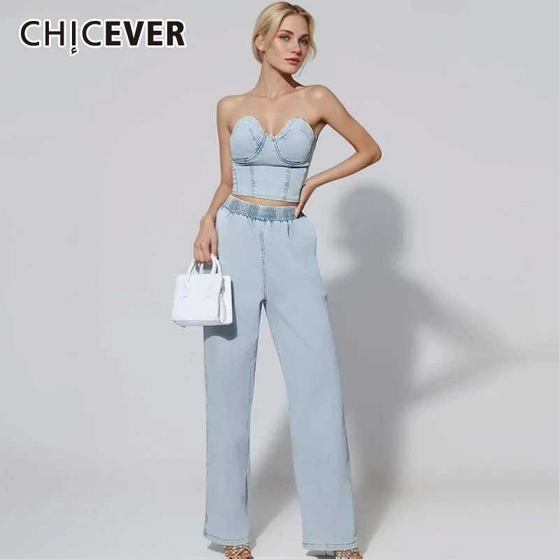 

CHICEVER Solid Denim Two Piece Sets For Women Strapless Sleeveless Slim Spliced Zipper Top High Waist Loose Pant Set Female New