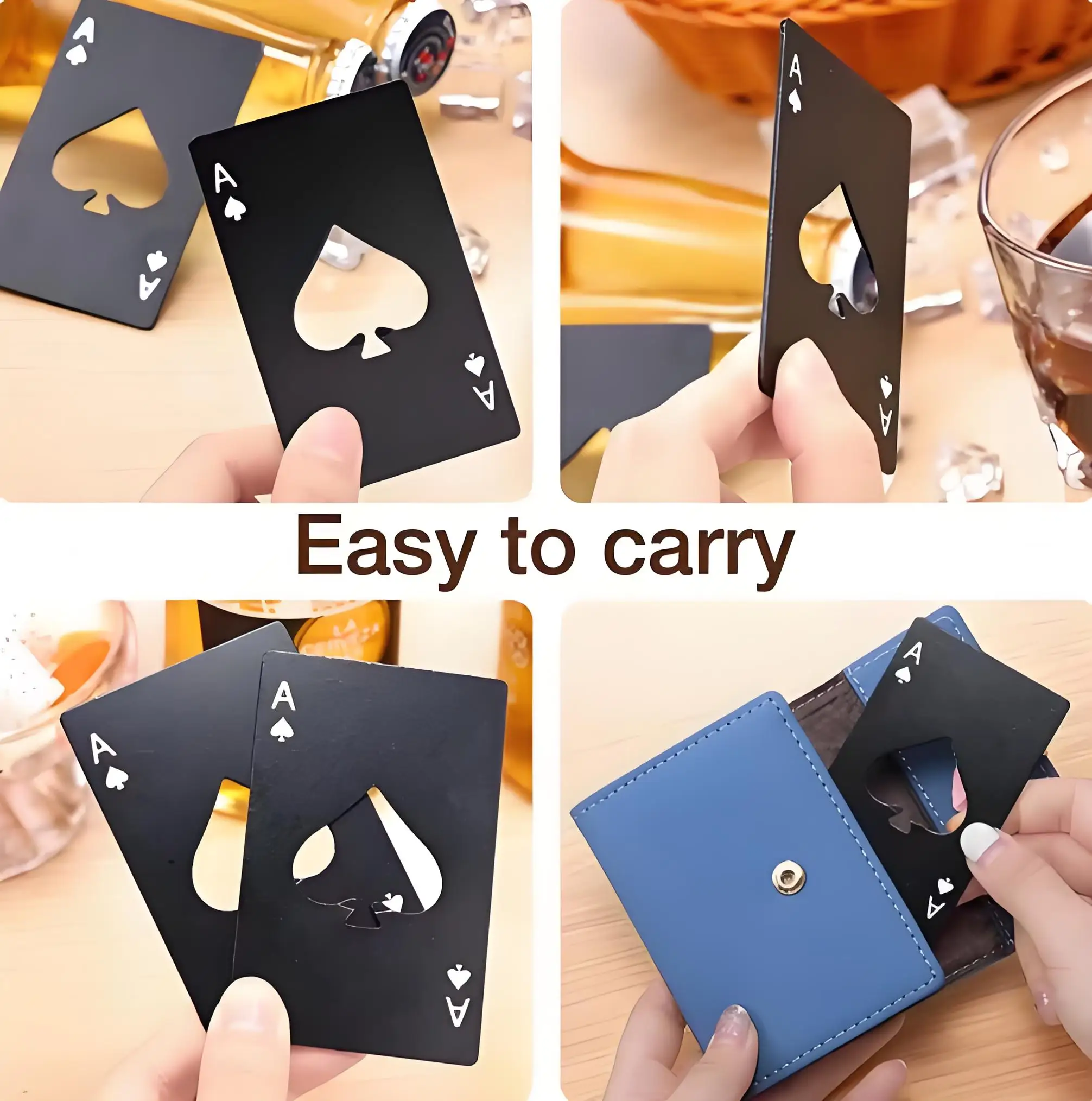Abridor de botellas Poker Ace, abridor con forma de tarjeta de acero inoxidable, herramienta de barra de 2 colores, removedor de tapas de cerveza único, regalo ideal para fiesta