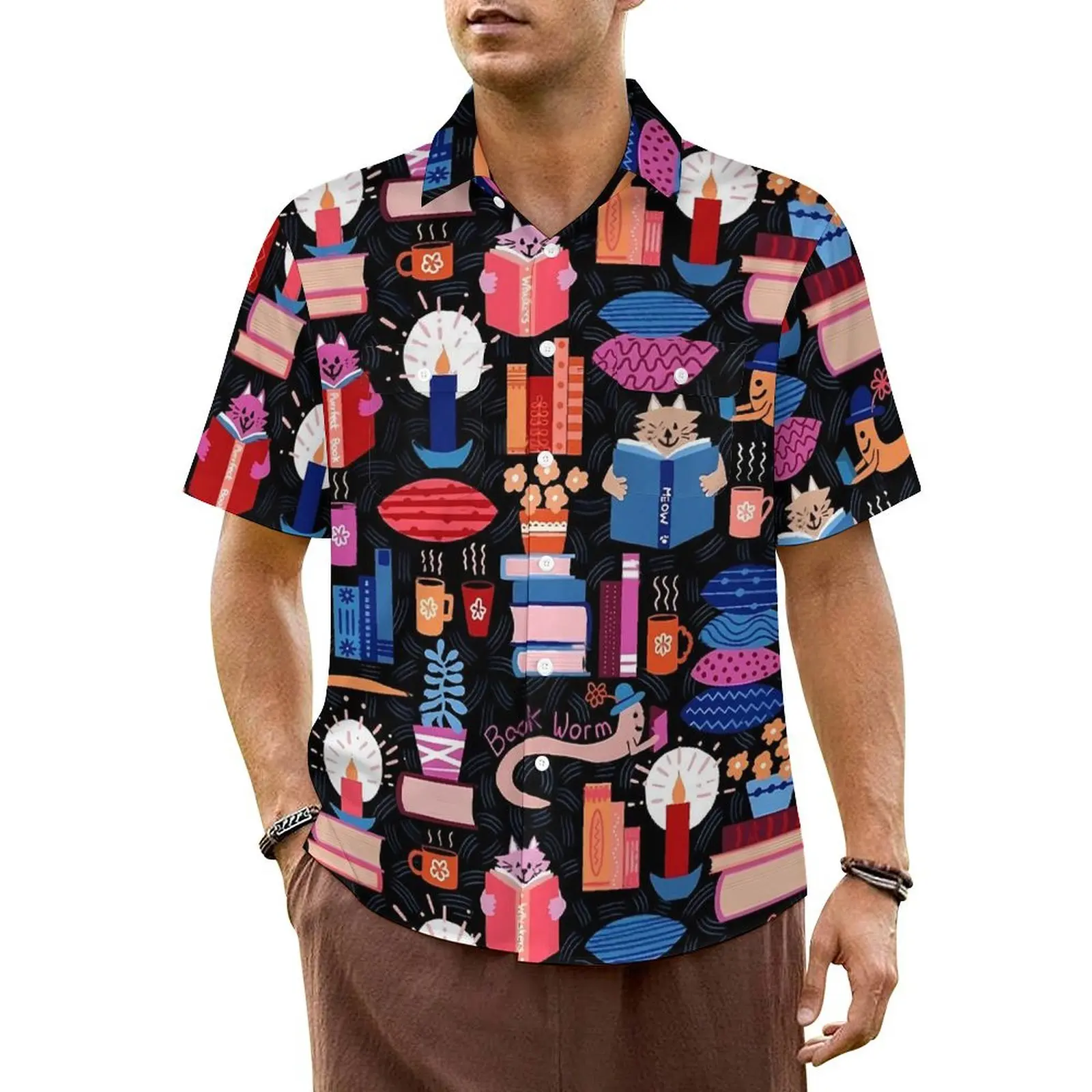 

Library Cats Beach Shirt Midnight Reading Hawaii Casual Shirts Man Vintage Blouses Short Sleeve Y2K Funny Pattern Top