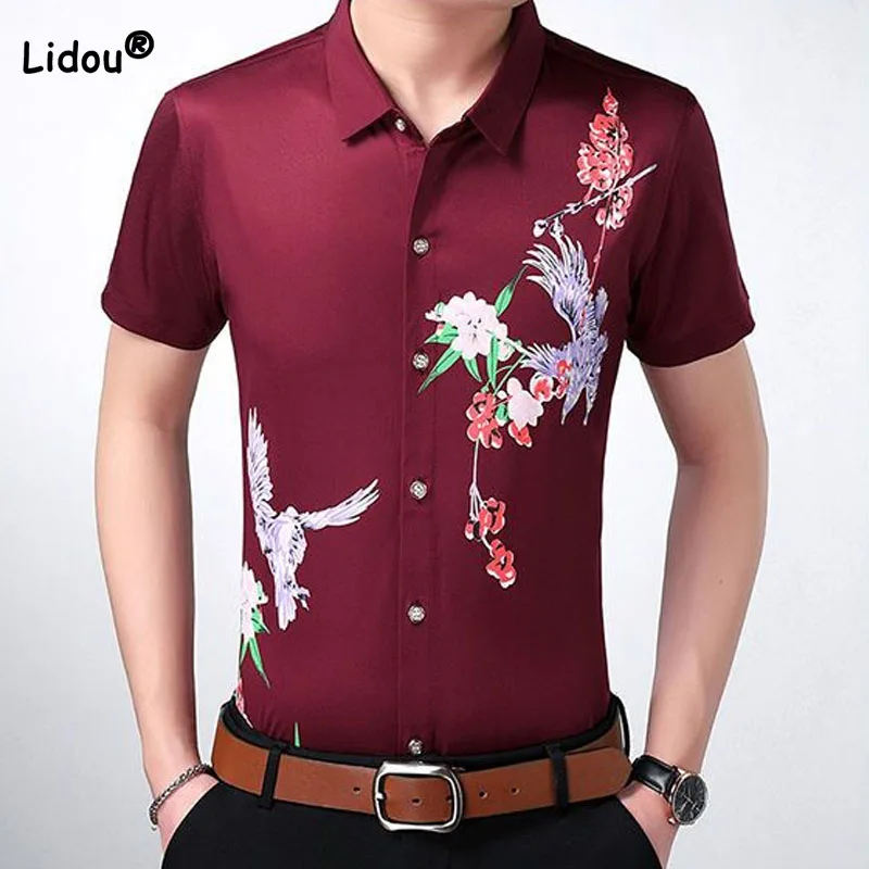 

Fashion Casual Floral Printed Solid Color Shirt Male Clothes 2023 Summer Korean Short Sleeve Polo-Neck Button Shirt for Men