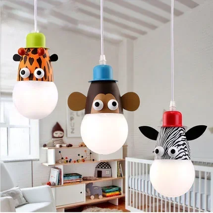 Cartoon Brief ABS lampada a sospensione con pannello in metallo con teste di animali Droplight Mokey Girraf Zebra Led E27 per la stanza dei bambini