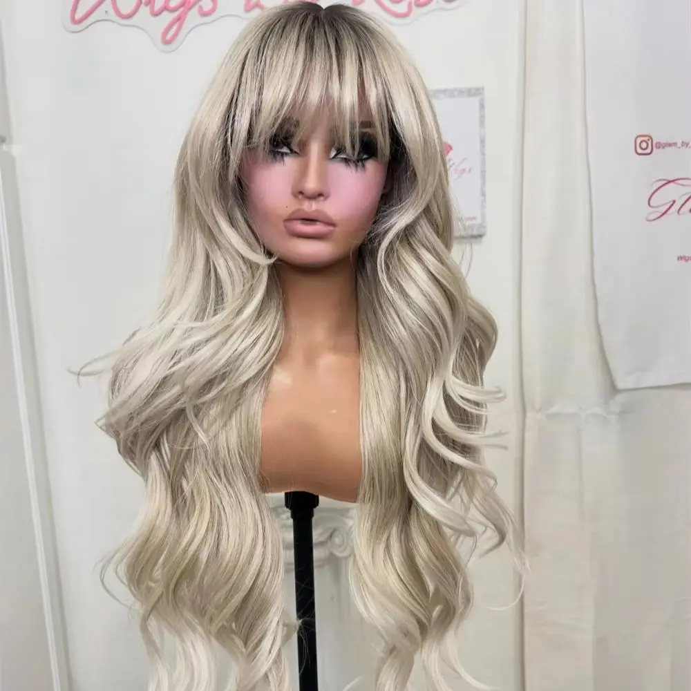 28 Inches Ombre Platinum Blonde Balayage Highlights Washable Synthetic Wig with Bangs Natural Body Wave Wig Party Daily Cosplay