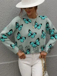 Autumn Winter Butterfly Knitted Sweater Women Fashion Temperament O Neck Long Sleeve Knitting Pullover Ladies Commuting Clothing