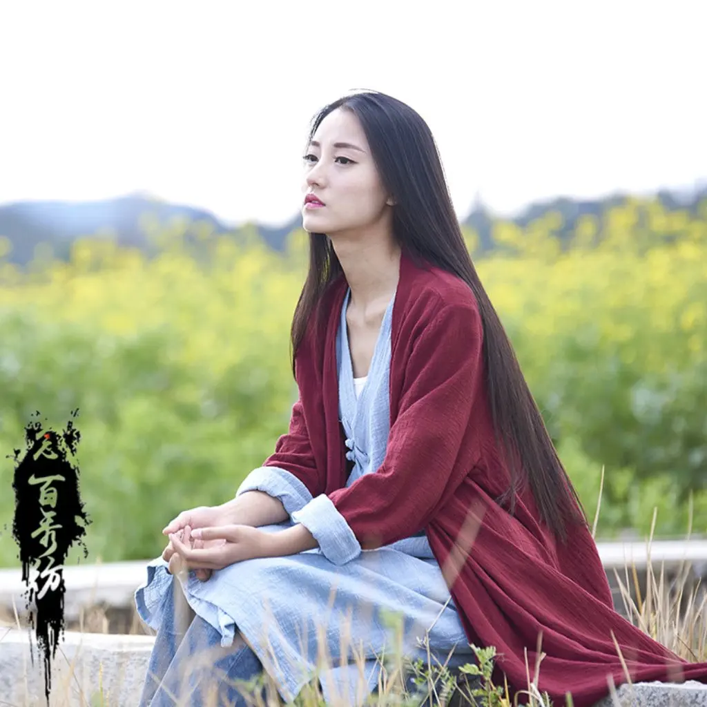 

Autumn/Winter Women's Long Sleeve Coat Cotton Linen Zen Tea Clothing Retro National Style Button Bamboo Knot Outerwear