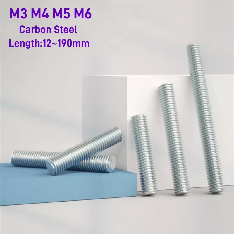 M3 M4 M5 M6 Full Threaded Bar Fully Zinc Plated Steel Metric Thread Rod Screw Bolt Stud Length 12/16/20/25/30/35/40/50/60~190mm