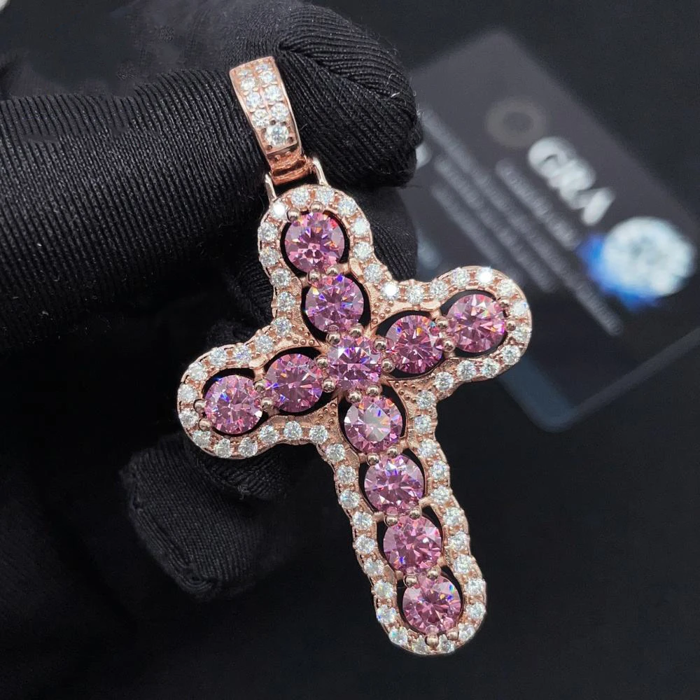 الهيب هوب مجوهرات الأسهم GRA الصلبة 925 فضة تمرير الماس تستر مثلج خارج الملونة مويسانيتي الصليب قلادة