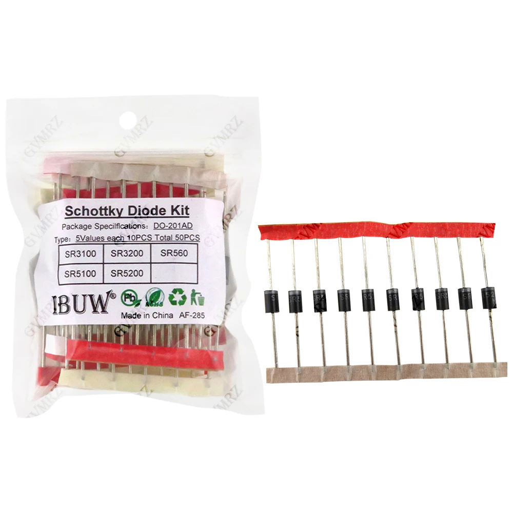 50 Stück 5 Werte Schottky-Dioden-Set SR3100/SR3200/SR560/SR5100/SR5200 DO-201AD für Leistungsgleichrichtung SR3100 SR3200