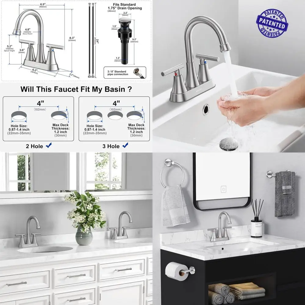 

2-Pc Set 4 Brushed Nickel 3-Hole Bathroom Sink Faucet with Pop-Up Drain & Lead-Free Stainless Steel