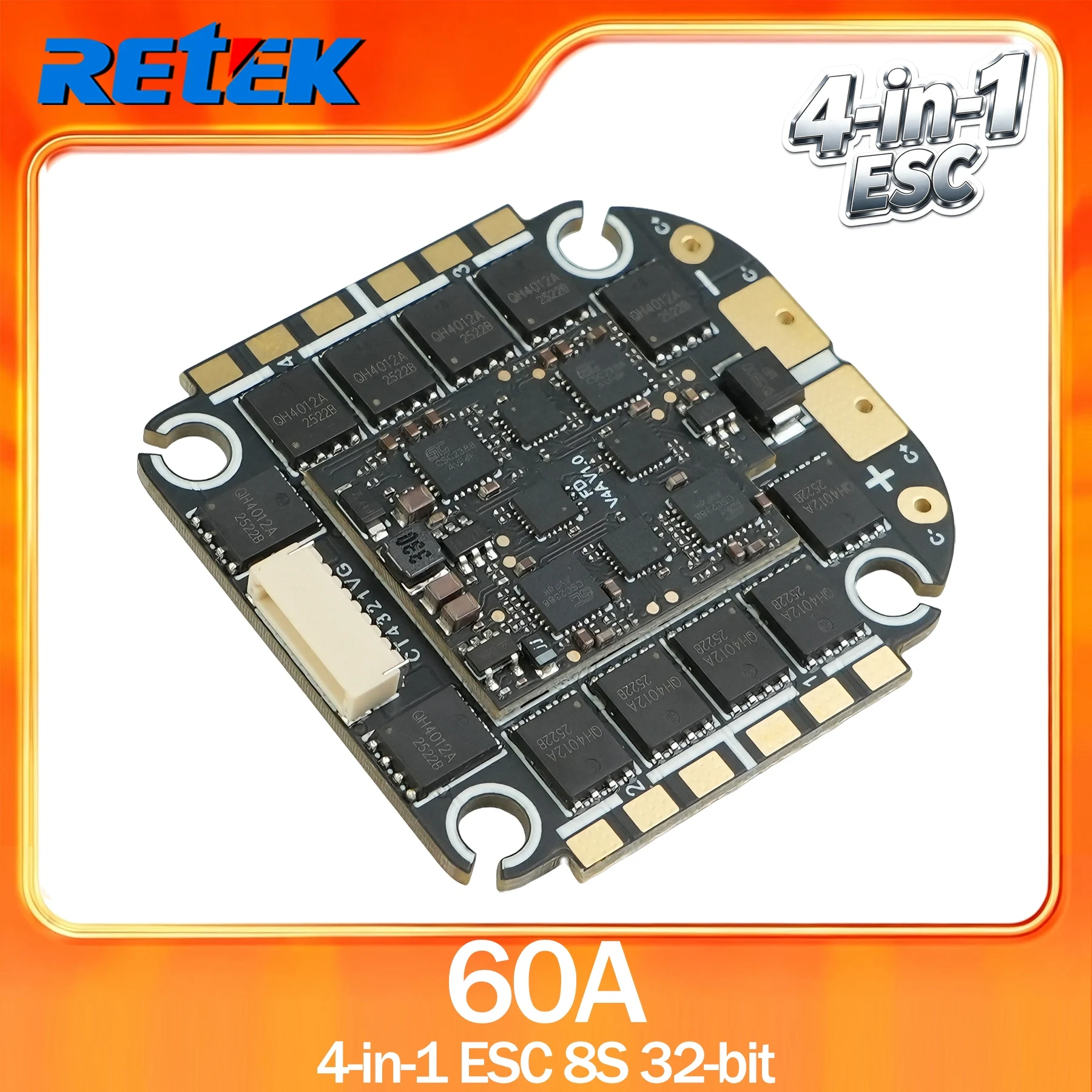 Retek 4-in-1 ESC 60A 65A 70A 80A 100A 8S 32-bit BLHeli_32 / AM32 Brushless ESC for FPV Racing Drone Quadcopter