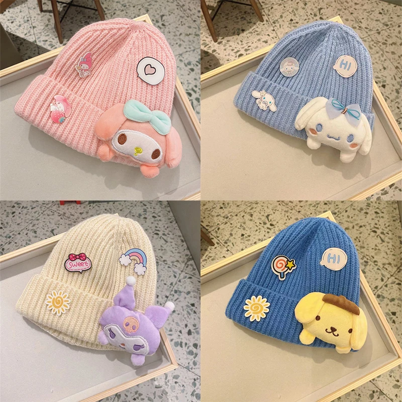 

Sanrio Cartoon Kids' Hat Sweet Kuromi My Melody Baby Knitted Wool Hat Cute Cinnamoroll Pom Pom Purin Anime Warm Pullover Hat