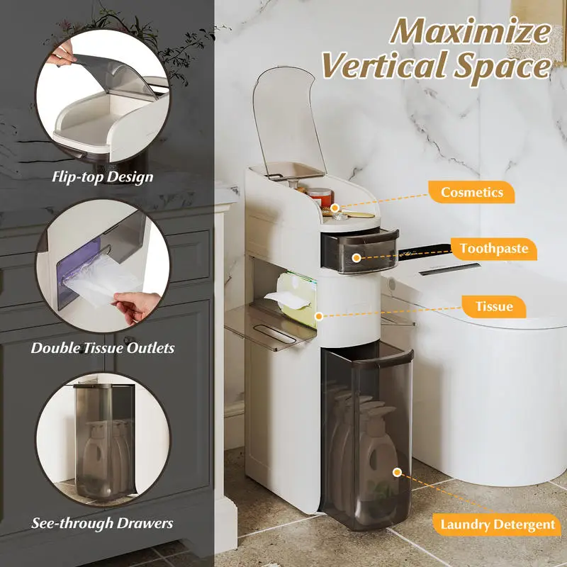 

4-Tier Narrow Bathroom Storage Cabinet with Drawers and Tissue Box
