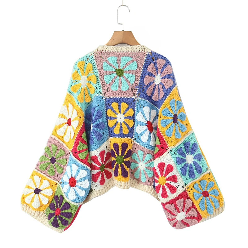 YENKYE 2025 Autumn Floral Plaid Hand Mand Crochet Loose Cardigan Women Open Stitching Long Sleeve Boho Sweater Coat Short