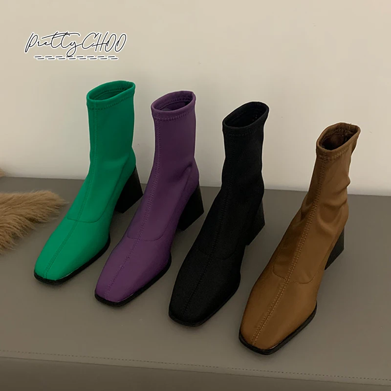 

Elegant Purple Green Stretch Boot Woman Square Toe Thick Sole Elastic Sock Booties Ladies Casual High Heel Ankle Botas De Mujer