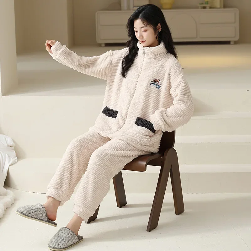 Sleepwear Women's Clothing Suits Winter Thick New Korea Home Soft Simple Comfortable Leisure Slim Loose Fit Premium Warm Sweet
