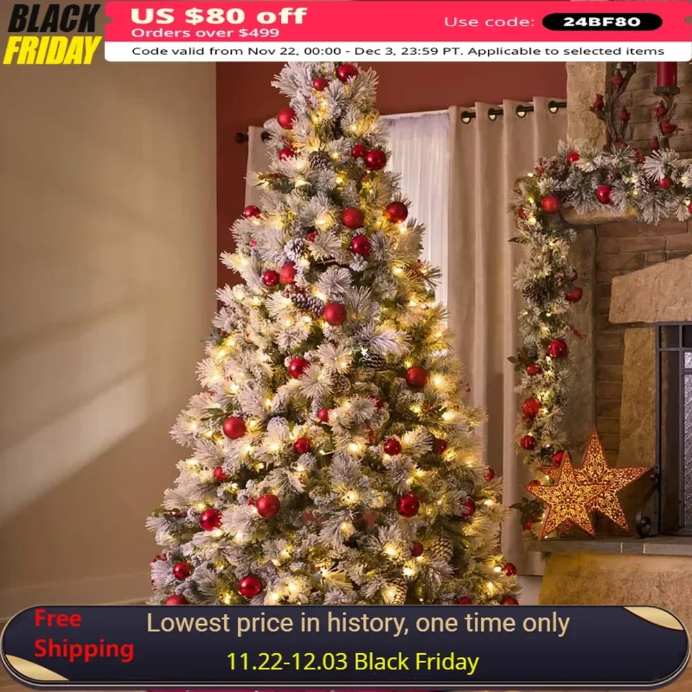 7.5 Ft Christmas Tree, Artificial Christmas Tree Wih 450 Warm White Lights, 1446 Tips, Metal Stand and Hinged Branches