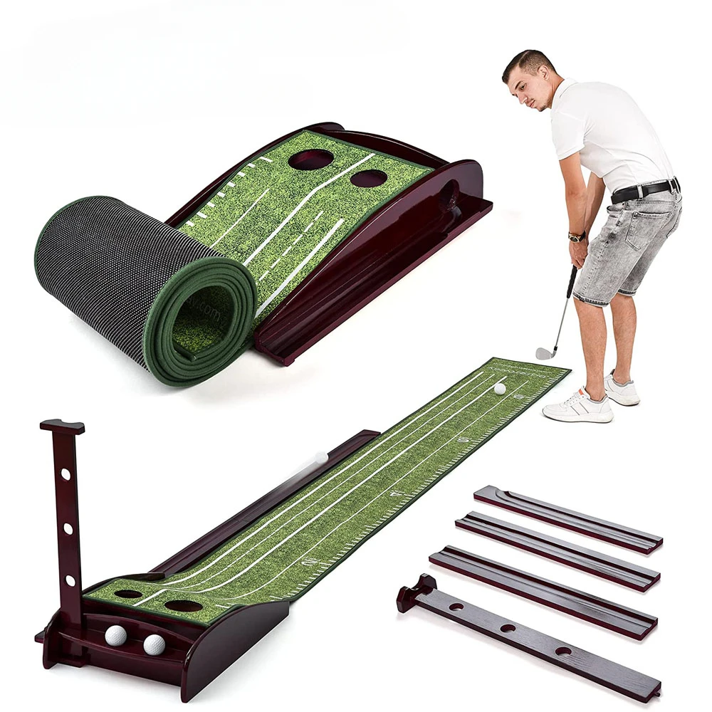 Golf Practice Training Aid Equipment Golf Putting Trainer Velvet Mat Putting Green Mat Solid Wood Base With Auto Ball Return