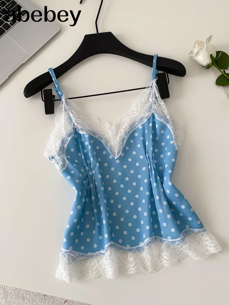 

Women Polka Dot Lace Suspender Patchwork Lace Sexy Slim Backless Cropped Tanks Spaghetti Strap Y2K V-Neck Streetwear Tank Top