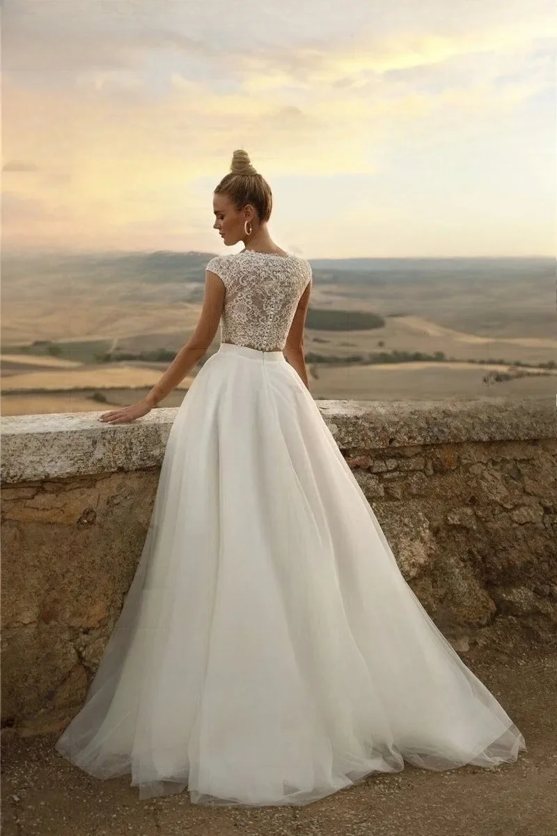 Vintage Lace Wedding Dresses A Line Cap Sleeve 2 Pieces Bridal Gowns Top Lace Country Wedding Dress Robe de mariée