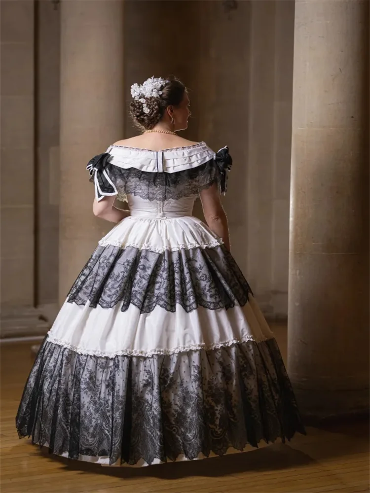 

1860s Off Shoulder Civil War Southern Belle Victorian White Wedding Lace Ruffles Dress Lace Ruffles Reenactment Ball Gown