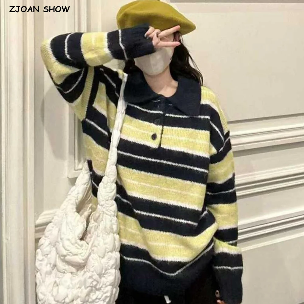 

New Autumn Preppy Open Button Lapel Polo Collar Contrast Color Stripes Knit Sweater Women Long Sleeve Pullover Jumper Knitwear