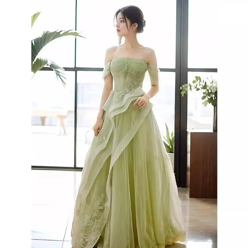 Green One Shoulder Strapless Sleeveless Evening Gown For Hosts Adult Gowns Niche Banquets Fluffy Princess Dresses Customized
