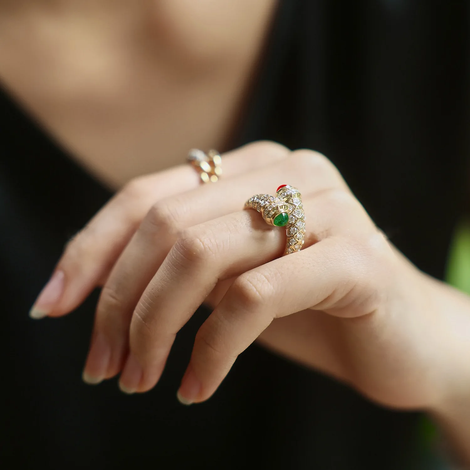 vintage medium jewelery glazed ring French retro heavy work gold -plated micro -diamond antique treasure ring