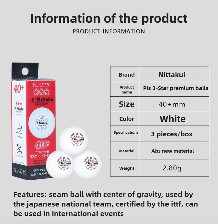 Nittaku 3-Star 40+ كرات تنس الطاولة مادة ABS ملحومة كرات بينج بونج المهنية المميزة للمنافسة 3 كرات/1 صندوق