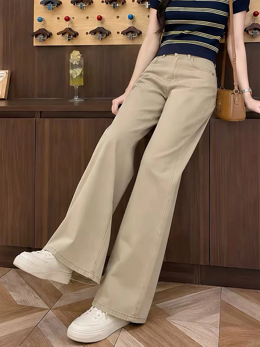 High Waist Wide Leg Khaki Denim Jeans Women Loose Fit Autumn New Style Retro Big Size Slimming Straight Leg Trousers