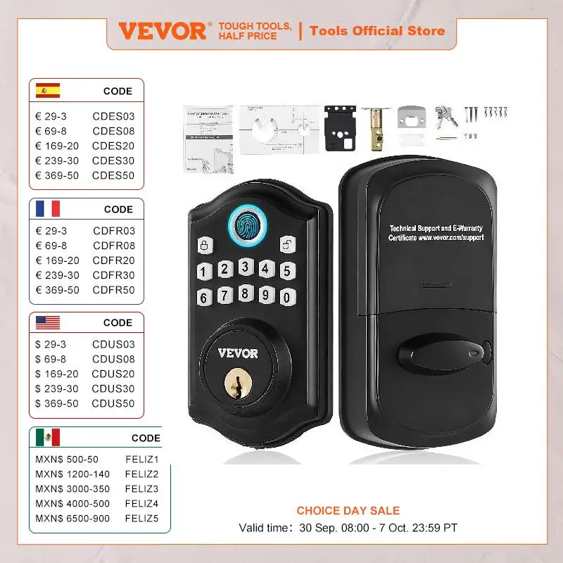 VEVOR Fingerprint Door Lock Keyless Entry Door Lock with Fingerprint/Keypad Code/Key Anti-Peeking Password Electronic Deadbolt