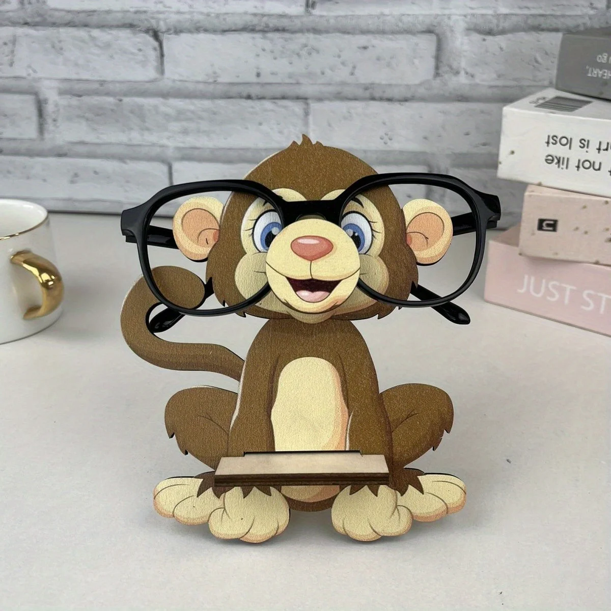2D 1PCS Cute Cartoon-like Monkey Wooden Eyeglass Holder Multi-functional Desktop Organizer Fun Home Office Decor Holiday Gift