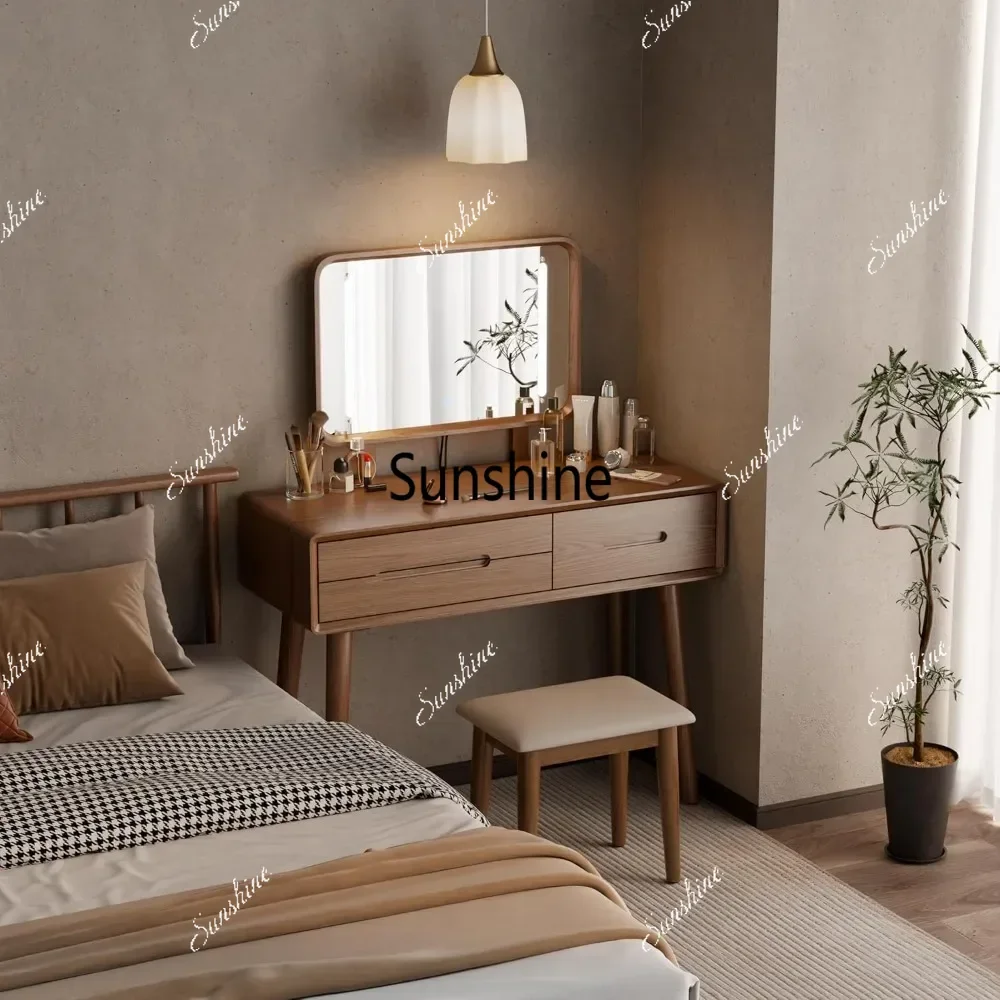 Solid Wood Makeup Vanity Desk with Mirror Lights Adjustable Height Brightness Dressing Table 3 Drawers Semi Assembled