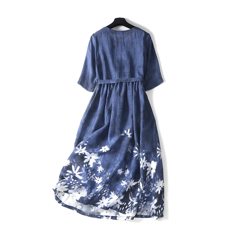 Boho Holiday Belted Short Sleeve Cotton Midi Dress Women Vintage O-neck Button Trim Floral Print Blue A-Line Dress Spring Summer