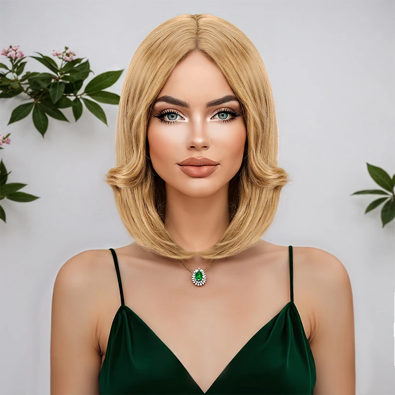 Wig for women, European and American style, short straight hair, golden color, fluffy wig Synthetic fiber wig
