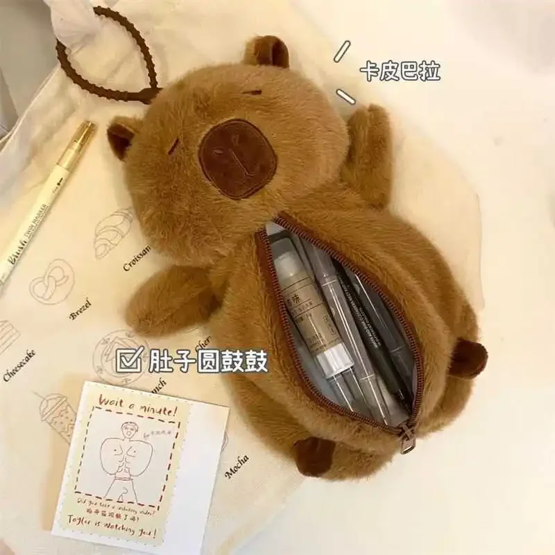 1 Piece Cute Furry Capybara Pencil Case Kawaii Cartoon Animal Anime Capybara Pencil Pouch Large Capacity Stationery Storage Bag