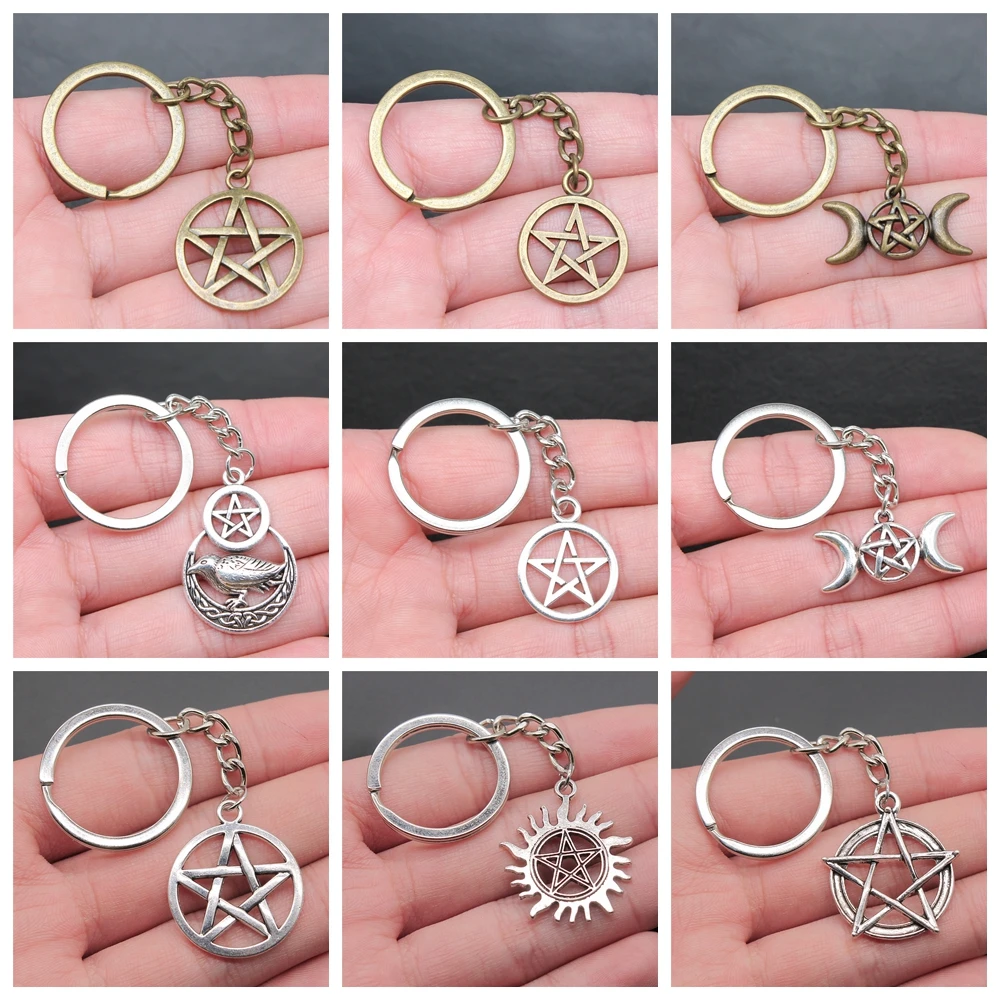 LLavero de estrella de pentagrama mágico, llavero de bruja, regalos de Halloween, joyería DIY, llavero de coche hecho a mano, soporte de anillo, recuerdo para regalo