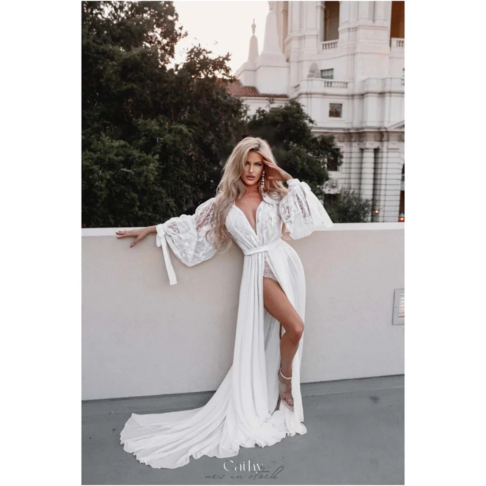 

Cathy White Chiffon V-neck Wedding Dress Puff Sleeves vestidos de noiva Floor-Length Backless Side Split Long Train Bridal Dress