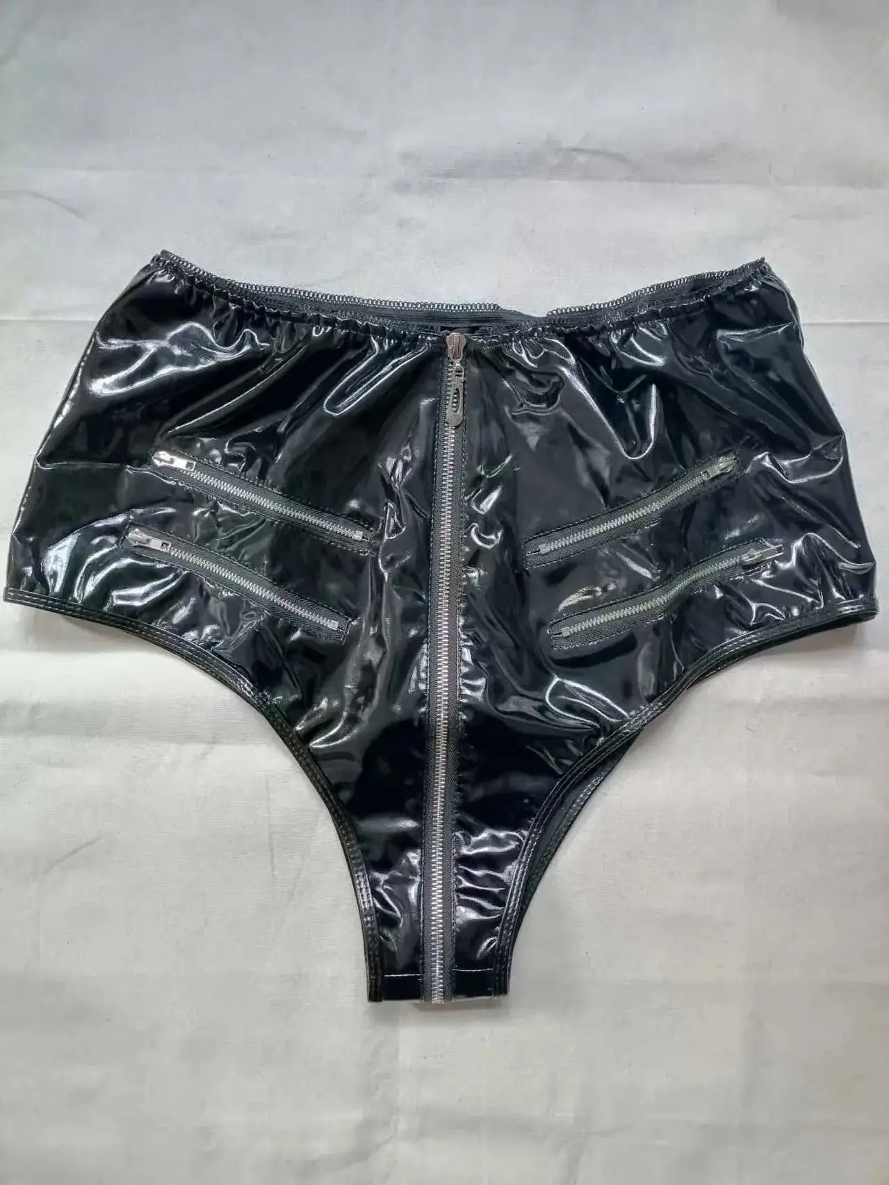 S-3XL Wet Look PVC Shorts Shiny PU Leather Zipper Open Crotch Short Hot Pants High Cut Sexy Micro Mini Bermudas Trunks Clubwear