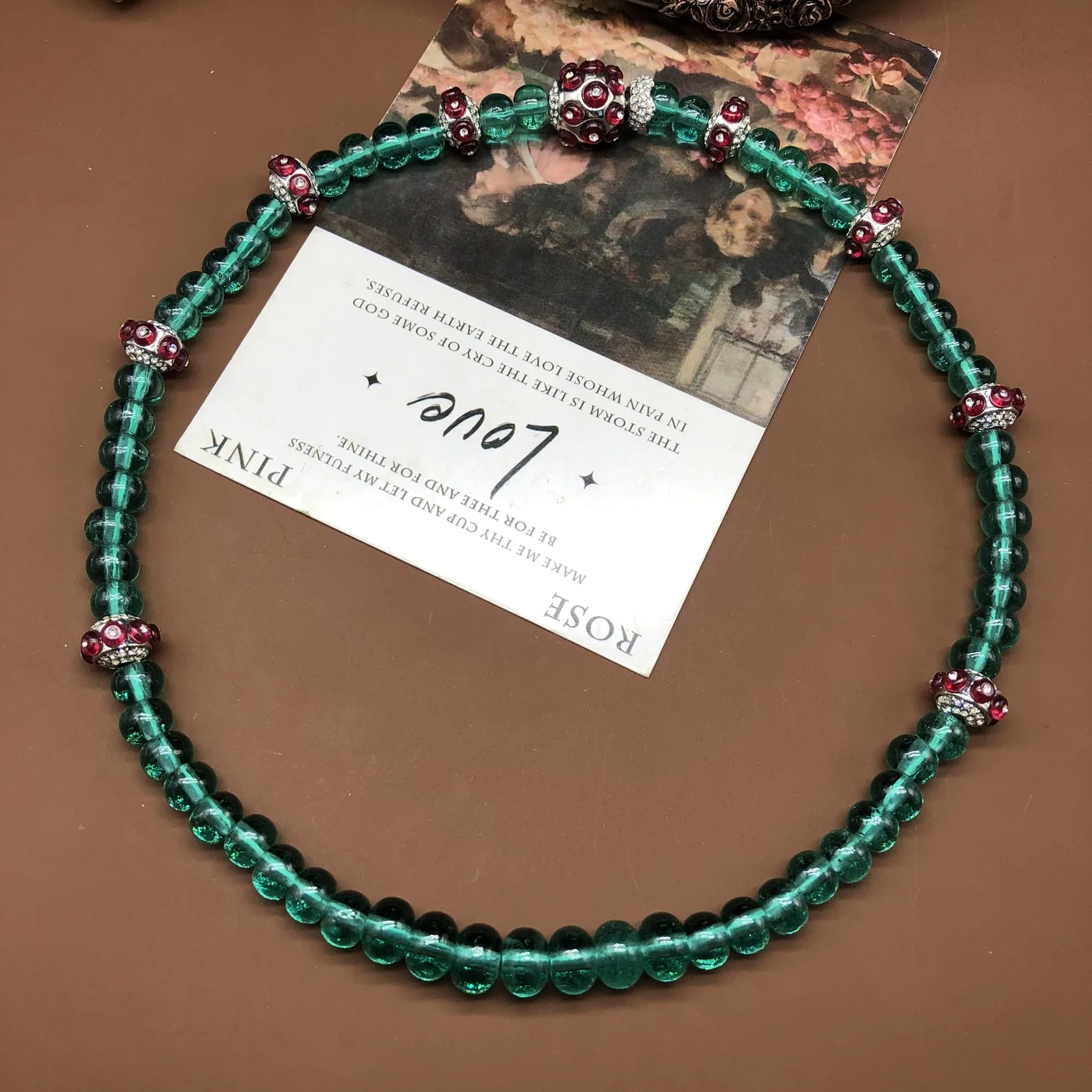 Fashionable  design green glass abacus beads necklace diamond screw button lock necklace  bijoux jewelry