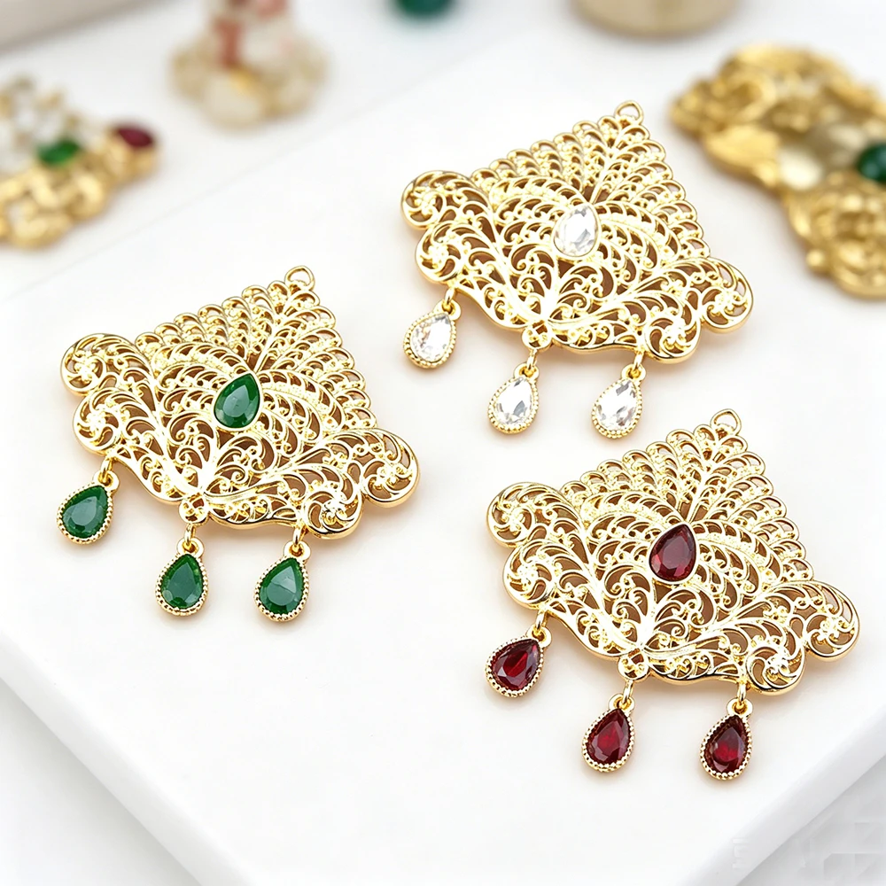 Islamic Wedding Jewelry Gold Color Filigree Floral Crystal Tassel Brooch Vintage Rhinestone Pin For Moroccan Caftan Abaya Scarf