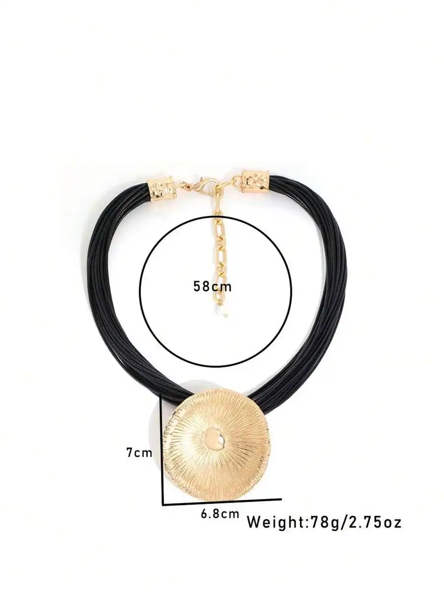 Vintage Black Multi Strand Rope Necklace With Circular Pendant For Women