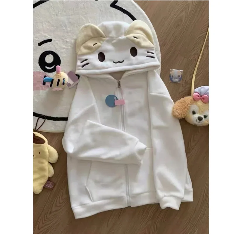 

Cute Hello Kitty Splicing Women's Coat Japanese Versatile Loose Long Sleeve Jacket Autumn Cartoon Academy Style Hoodie For Girls