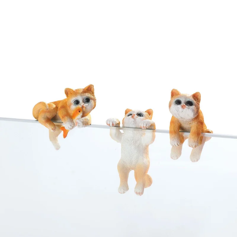 3Pcs Kawaii Climbing Cat Resin Ornaments for Aquarium Decoration Eating Fish Cat Fish Tank Decor Aquarium Accessories