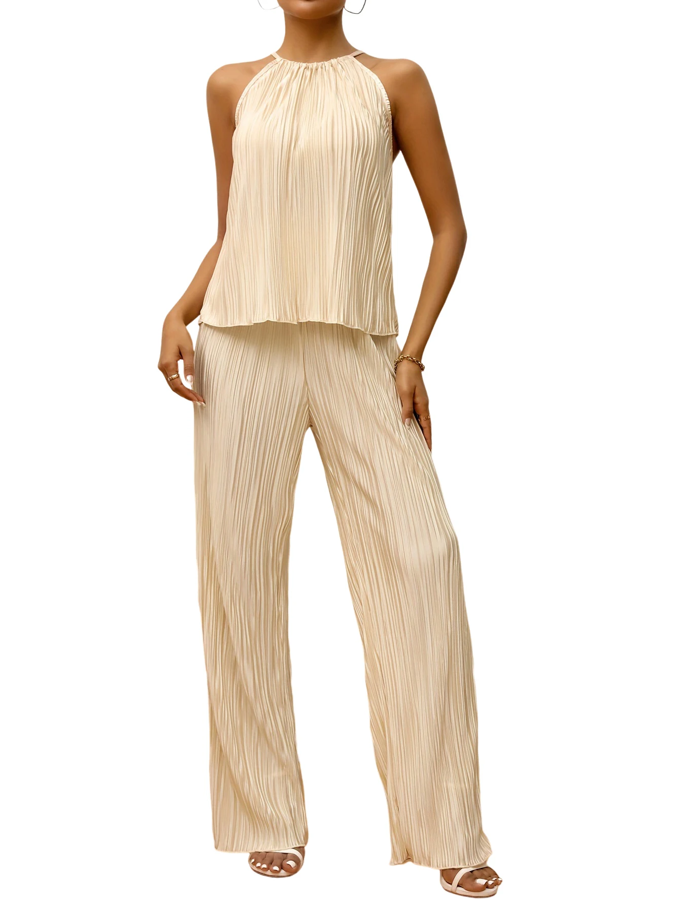

Women Two Piece Set Summer Sleeveless Halter Top+Elastic Casual Long Pants Women Set Outfit Clothing Suit