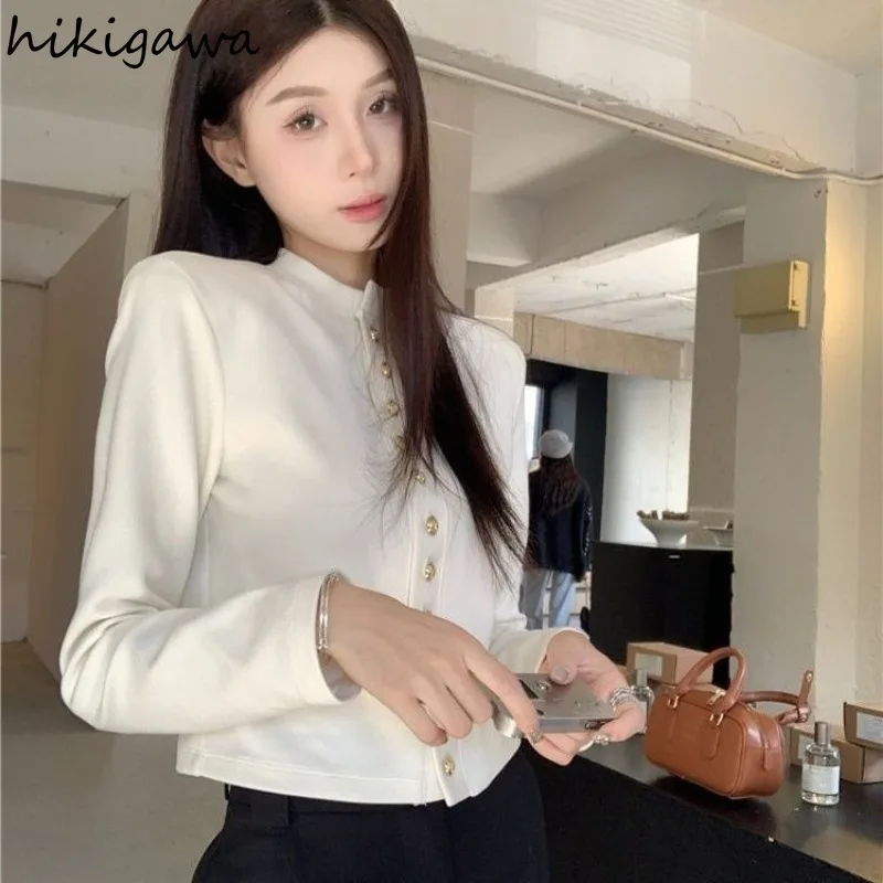 Women's Metal Button Knitted Blouse for Women Crop Tops O-neck Long Sleeve Tunic Shirts Chic Temperament Camisas De Mujer 2024