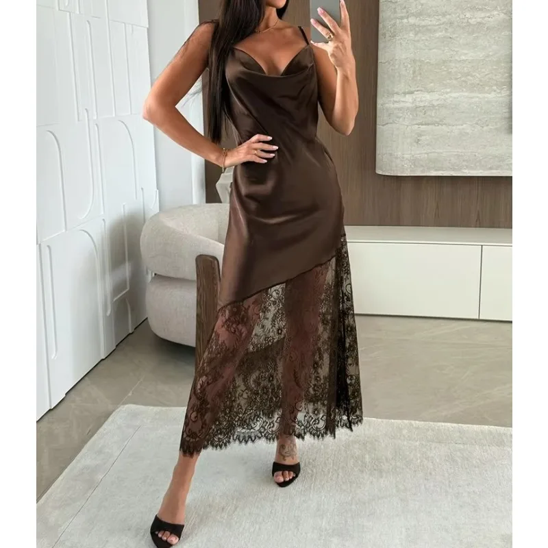 Hollow Out Lace Dress Women Winter Sexy V Neck Sleeveless Spaghetti Strap Dresses Party Club Elegant Evening Dress